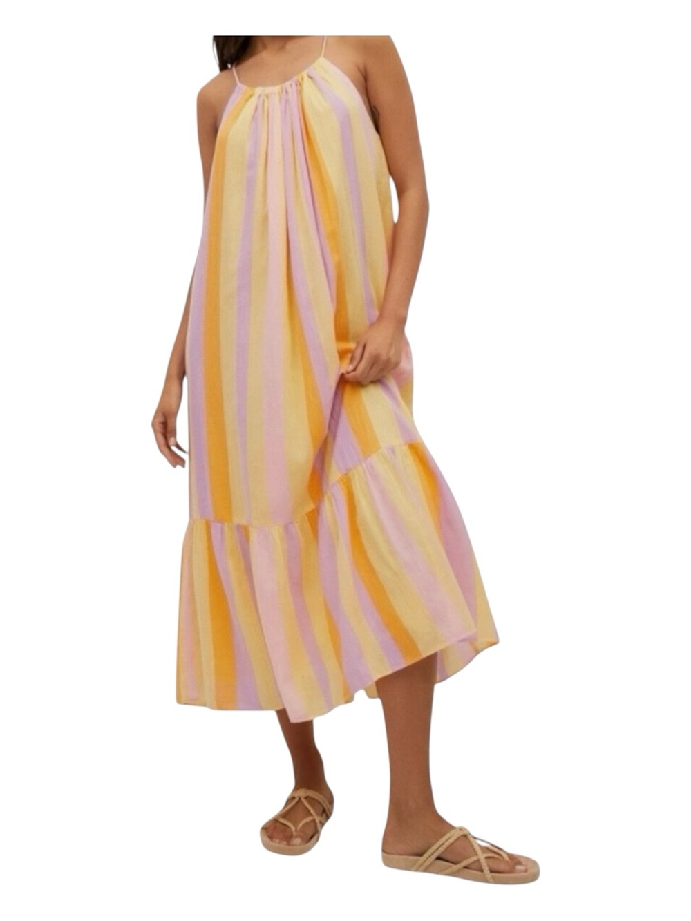Mango Striped Flowy Maxi Summer Dress Size 8 Halter Bright Yellow Pink Orange